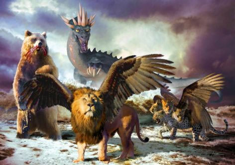 Hình vẽ 4 loài thú dữ xuất hiện vào ngày tận thế mô tả trong Book of Daniel​